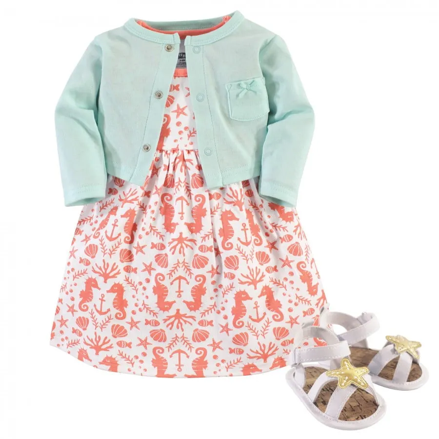 Hudson Baby Baby Girl Cotton Dress, Cardigan and Shoe 3pc Set