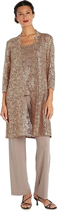 R & M Richards 3-Pc. Sequined Lace Pantsuit & Jacket - Champagne - Size 12