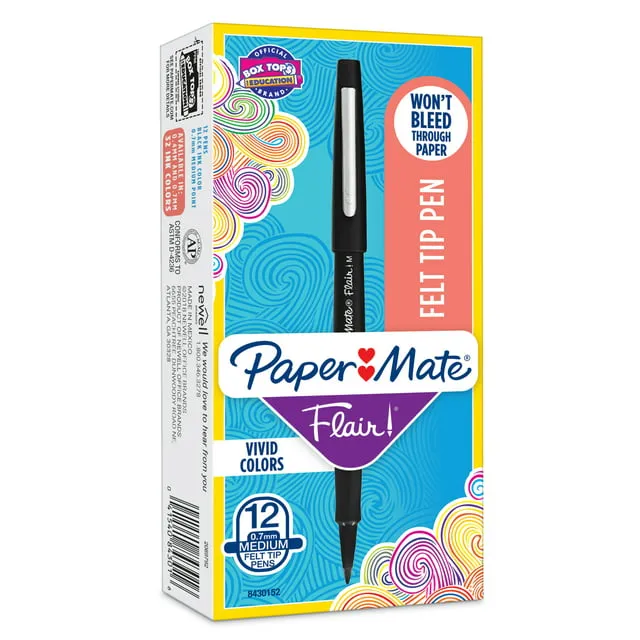 Paper Mate Flair Felt Tip Pen, Point Guard Medium, Black Ink - 12 pack