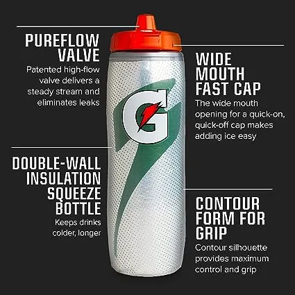 Gatorade 30 oz Insulated Squeeze Bottle, Black