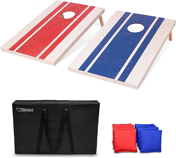 GoSports 4'x2' Classic Cornhole Set with Rustic Wood Finish | Includes 8 Bags, Carry Case and Rules, Red/Blue