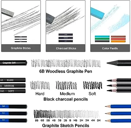 50pcs Sketching Drawing Pencils Set Art Supplies | Sketch pencils,Graphite,Charcoal,Sketch book,Drawing supplies | In Black Zipper Case | For adults,teeage, Kids 9-12