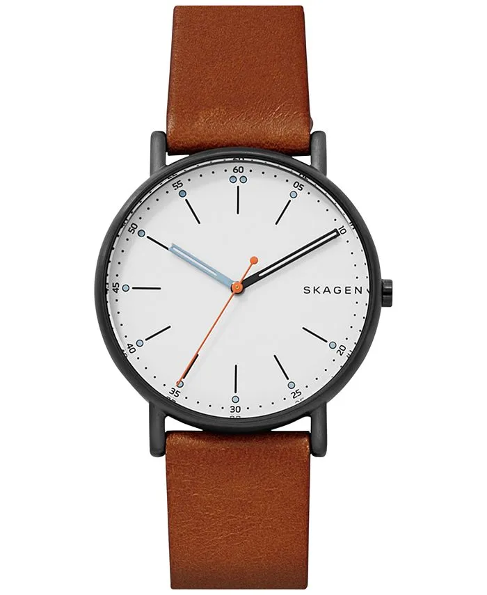 Skagen Men's 40mm Signature Quartz Leather Strap Watch, Brown/White