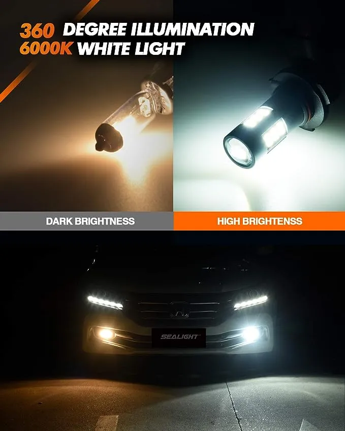 SEALIGHT 9006/HB4 LED Fog Light Bulbs, 6000K Xenon White, 27 SMD Chips, 360-degree Illumination, Non-polarity, Pack of 2