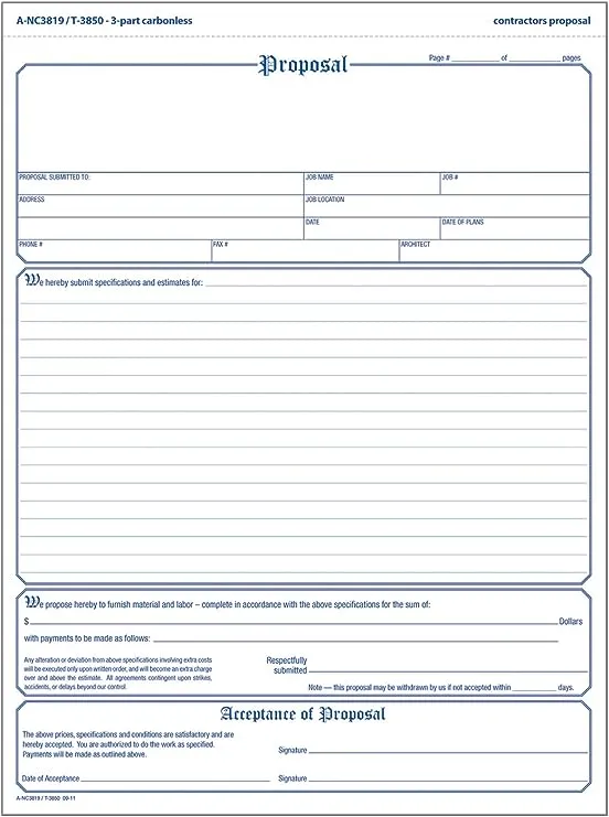 Adams Contractor's Proposal Forms, 8.5 x 11.44 Inch, 3-Part, Carbonless, 50-Pack, White, Canary and Pink (NC3819)