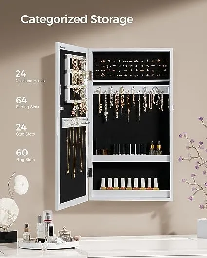 SONGMICS Lockable Jewelry Cabinet Armoire with Mirror, Wall-Mounted Space Saving Jewelry Storage Organizer, Christmas Gifts, White UJJC51WT