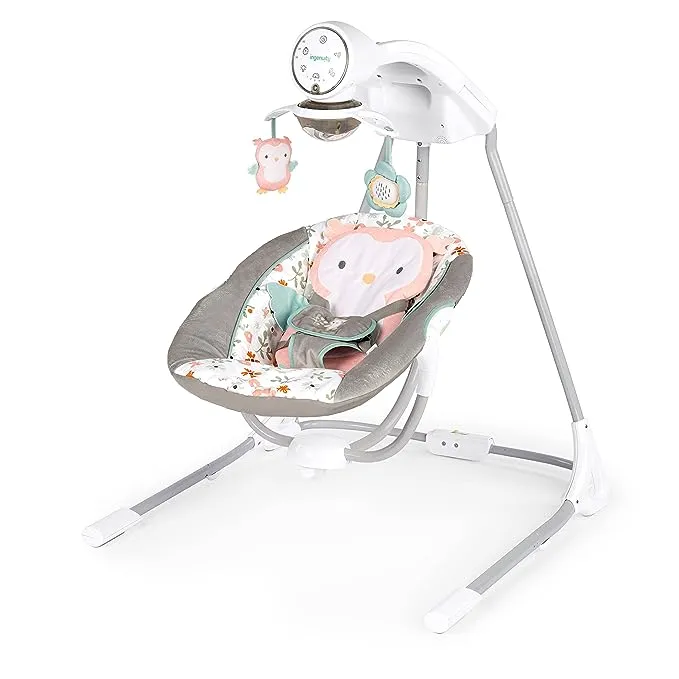 Ingenuity InLighten 6-Speed Foldable Baby Swing with Light Up Mobile, Swivel Infant Seat and Nature Sounds, 0-9 Months 6-20 lbs (Blue Landry the Lion)