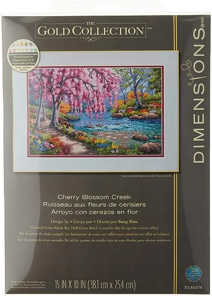 Dimensions Gold Cherry Blossom Creek Collection Cross Stitch Kit, 16 Count Light Blue Aida Cloth, 10" x 15"