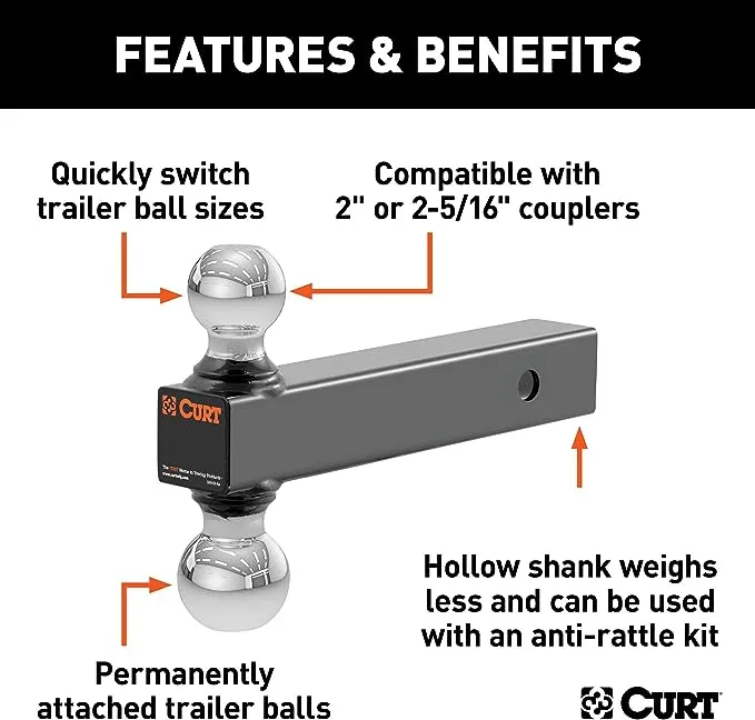 CURT 45002 Multi-Ball Trailer Hitch Ball Mount, 2, 2-5/16-Inch Balls, Fits 2-Inch Receiver, 10,000 lbs