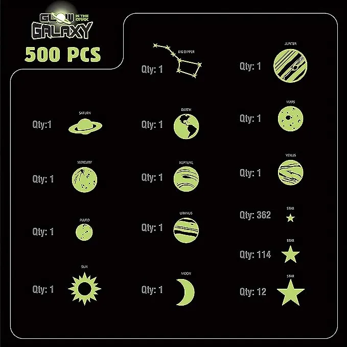 Glow in The Dark Stars for Ceiling, 500-Count, Largest Ceiling Glow Stars Assortment Includes Jumbo Sun, All 9 Planets, Bonus Moon and Entire Big Dipper Constellation Plus More! Stocking Stuffers