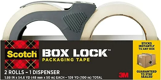 Scotch Box Lock Packaging Tape, 2 Rolls with 1 Refillable Dispenser, 1.88 in x 54.6 yd, Extreme Grip, Sticks Instantly to Any Box