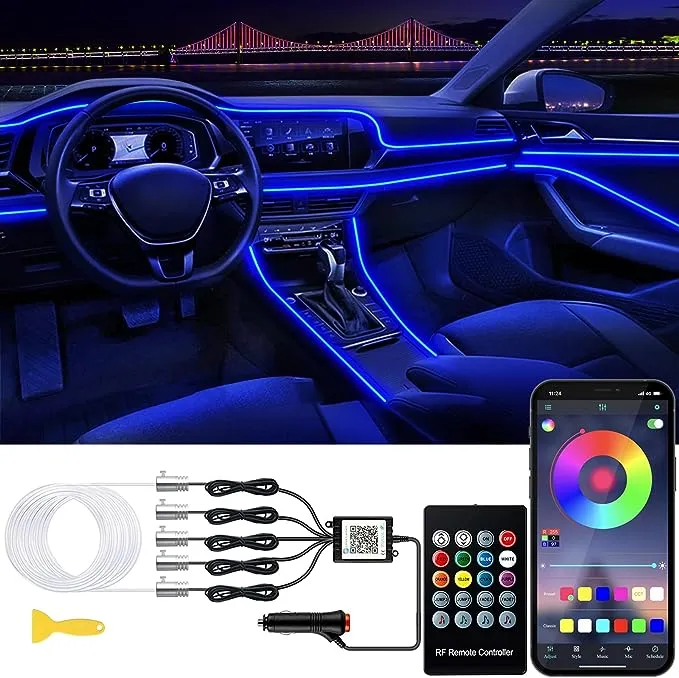 Jushope Interior Car LED Strip Lights with Wireless APP and Remote Control, RGB 5 in 1 Ambient Lighting Kits with 236 inches Fiber Optic, 16 Million Colors Car Neon Lights, Sync to Music