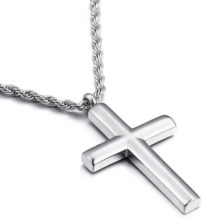 Molike Simple Stainless Steel Cross Pendant Necklace Men Women, 20-24 Inch Twist Rope Chain