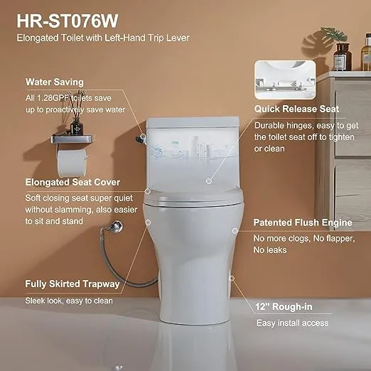 HOROW HR-ST076WD Dual Flush Elongated Toilet with Soft Close Seat, High-Efficiency Supply, Standard Bathroom Toilet 12" Rough-In, White Finish