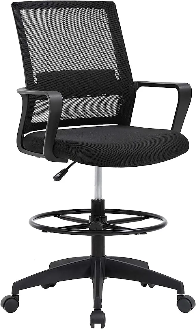 Drafting Chair Tall Office Chair Adjustable Height with Lumbar Support Arms Footrest Mid Back Desk Chair Swivel Rolling Mesh Computer Chair for Adults Standing Desk Drafting Stool(Black)