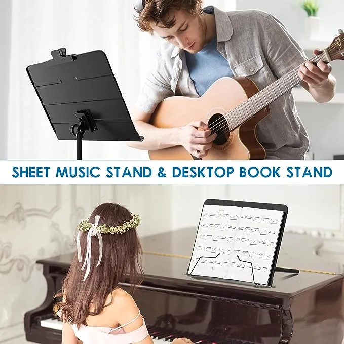 Kasonic Dual-Use Folding Sheet Music Stand & Desktop Book Stand with Portable Carrying Bag, Sheet Music Folder & Clip Holder (Black)