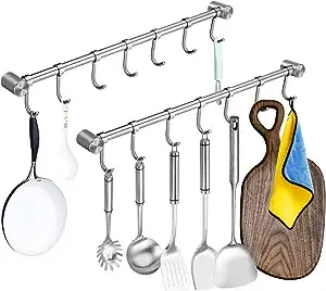 Pot Pan Hanger Rods 2 PCS, 16 Inch with 7 Sliding Hooks, Kitchen Cookware Utensil Straight Bar, Bathroom Towel Hanging Rails 304 Stainless Steel Rack, for Hanging Coat Bag Umbrella Key Scarf