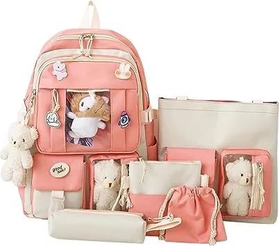 LIK EPOCH Kawaii Backpack 5Pcs Set Aesthetic Backpack 17in Preppy Backpacks with Badge&Pendant,Shoulder Bag,Pencil Box,Tote Bag,Lucky Bag(Pink)