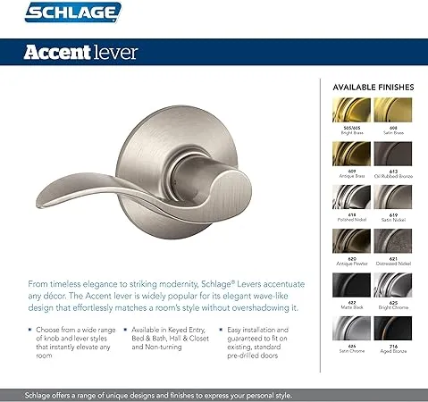 Schlage F40-ACC Accent Privacy Door Lever Set - Satin Brass