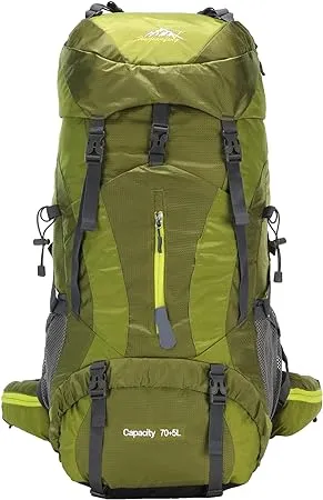 King'sGuard Hiking Backpack for Men and Women 70L+5L Waterproof Lightweight Camping Daypack with Rain Cover for Outdoor Travel Mountaineering - Frameless (Green)