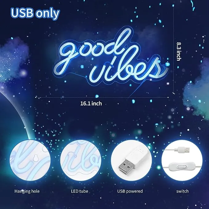 DECANIT Good Vibes - Letrero de neón para decoración de pared de dormitorio alimentado por luz de neón USB, color azul hielo, 16.1 x 8.3 x 0.6 pulgadas