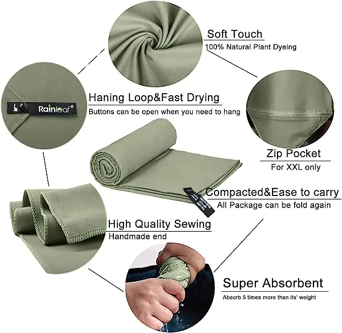 Rainleaf Microfiber Towel, 40 x 72 INCHES. Army Green.