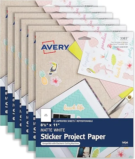 Avery Printable Sticker Paper, Matte White, 8.5 x 11 Inches, Inkjet Printers, 90 Sheets (3383)