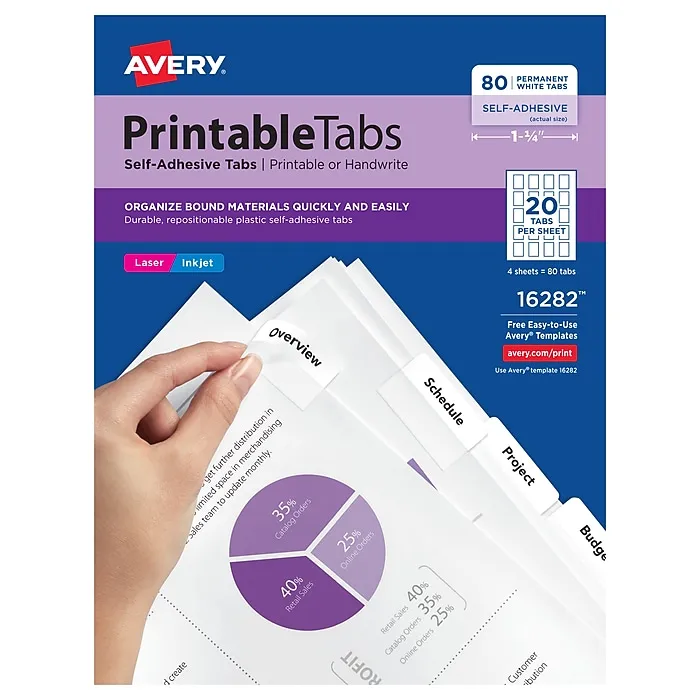 Avery 16282 Printable Plastic Tabs with Repositionable Adhesive, 1 3/4, White (Pack of 80)Avery 16282 Printable Plastic Tabs with Repositionable Ad…