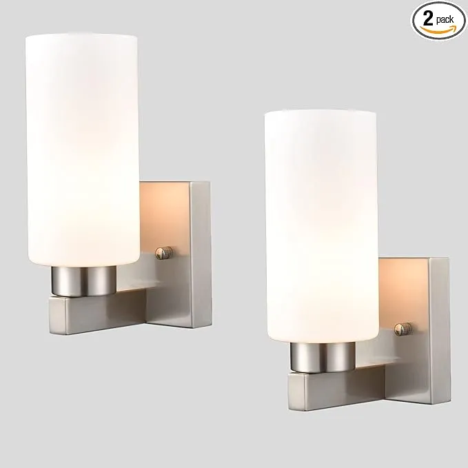 Modern Wall Sconces Set of Two Brushed Nickel Bathroom Vanity Light with Milky White Cylinder Glass Shade