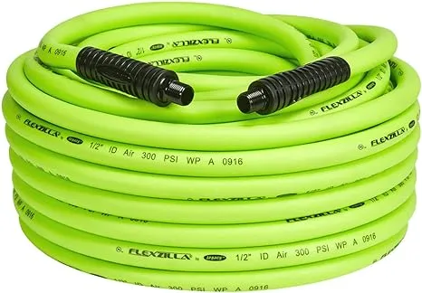 Flexzilla Air Hose, 1/2 in. x 100 ft., 3/8 in. MNPT Fittings, Heavy Duty, Lightweight, Hybrid, ZillaGreen - HFZ12100YW3Flexzilla Air Hose, 1/2 in. x 100 ft., 3/8 in. MNPT Fittings, He…