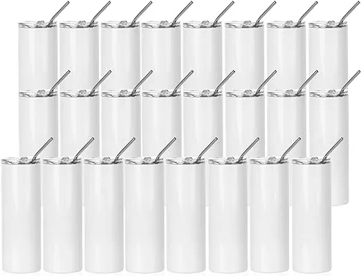 PYD Life 24 Pack Sublimation Tumbler Blanks Skinny 20 OZ White Straight Bulk Stainless Steel Tumbler with Metal Straw and Lid for Tumbler Heat Press Machine Sublimation Print