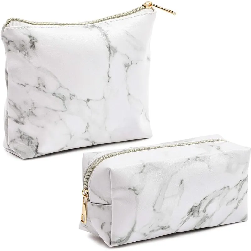 Set of 2 White Marble Makeup Organizer Bag, Cosmetic Storage 