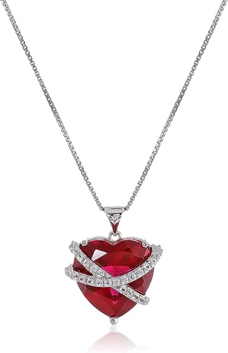 Amazon Essentials Sterling Silver Created Pink and White Sapphire Wrapped Heart Pendant Necklace , (previously Amazon Collection)