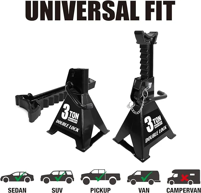 Torin 3 Ton (6,000 LBs) Capacity Double Locking Steel Jack Stands, 2 Pack, Black, AT43002AB