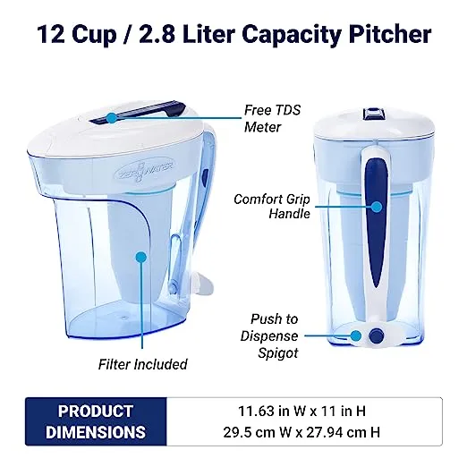 ZeroWater 12-Cup Ready Pour Filtration Pitcher, Blue