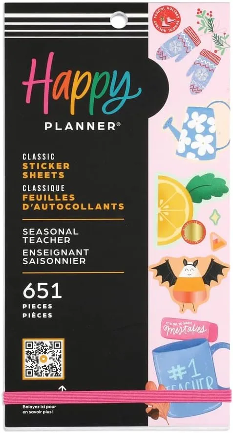 Paquete de calcomanías Happy Planner, calcomanías multicolores para profesores, accesorios de regreso a la escuela, tamaño clásico, tema de profesor