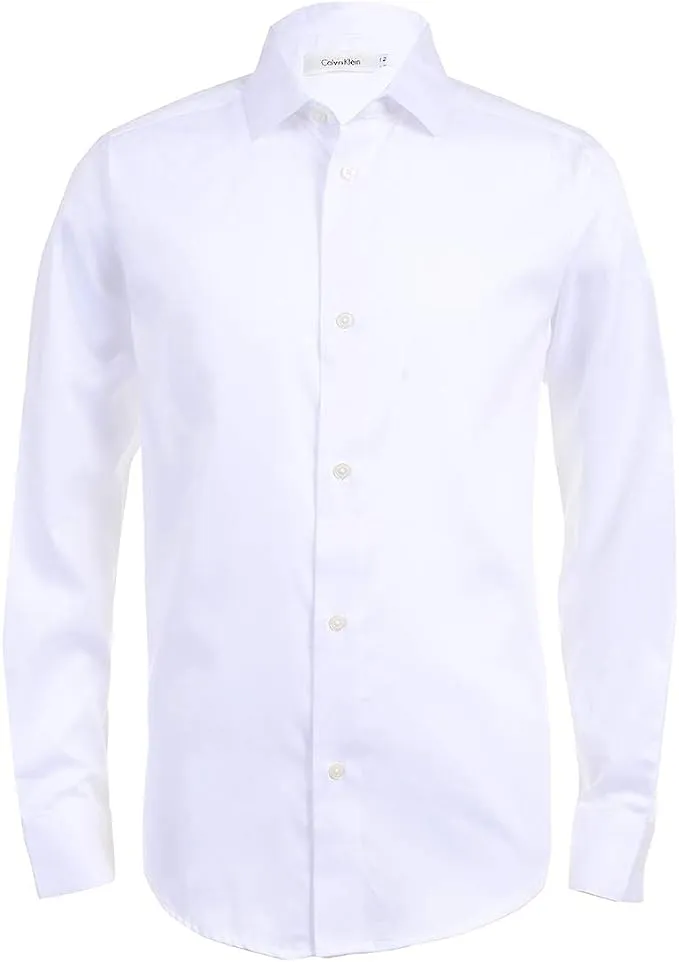 Calvin Klein Boys' Big Long Sleeve Sateen Dress Shirt, Style with Buttoned Cuffs & Shirttail Hem, White, 20Calvin Klein Boys' Big Long Sleeve Sateen Dress Shirt, Style with Buttoned Cuffs & Shirttail Hem, White, 20