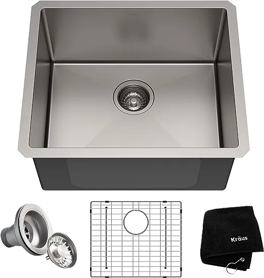 Kraus KHU101-21 Standart PRO 16 Gauge Undermount Single Bowl Set (4 Item Bundle: Sink, Bottom Grid, Drain Assembly, Kitchen Towel), 21 Inch, Stainless Steel