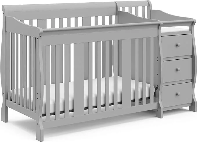 Storkcraft Portofino 5-in-1 Convertible Crib and Changer Combo (Pebble Gray) – Changing Table with Storage Drawer, Converts to Toddler Full-Size Bed, Daybed