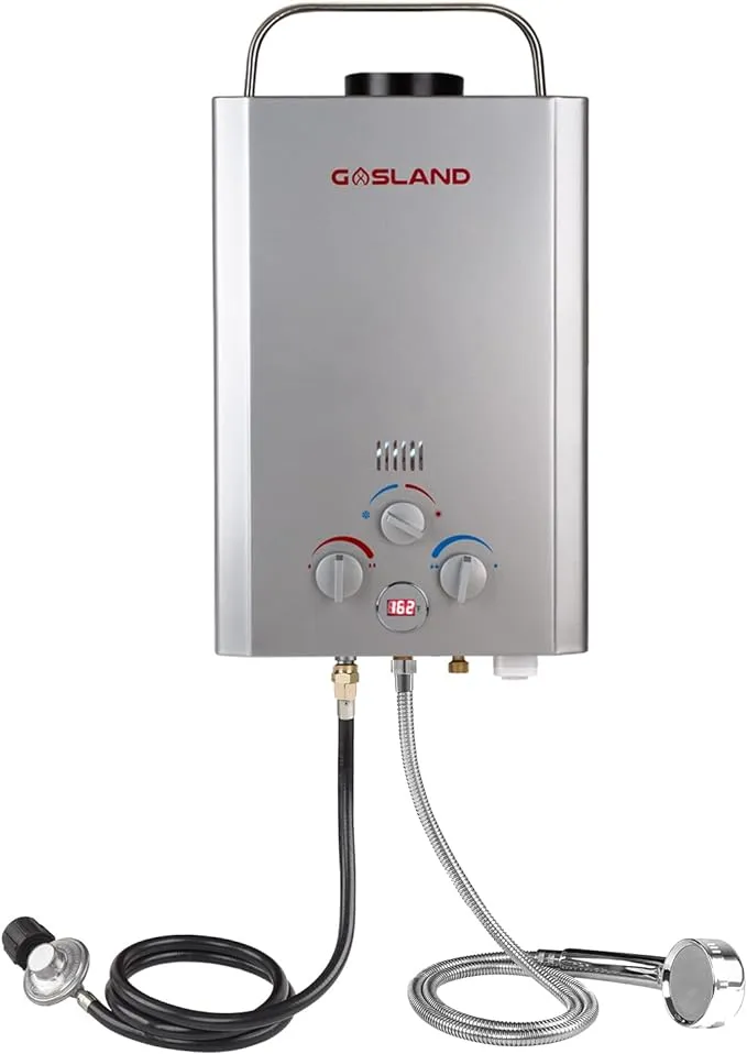 GASLAND Camper Water Heater 1.58GPM 6L 41,000 BTU Digital Screen Outdoor Portable Tankless Propane Gas Water Heater, Hot Shower System for RV Cabin