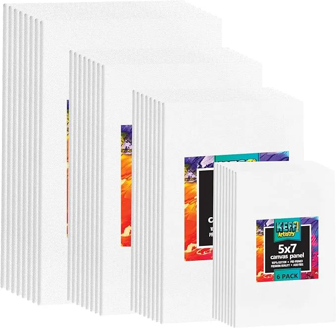 KEFF Canvases for Painting - 32 Pack Paint Canvas Boards Panels Set - 5x7, 8x10, 9x12, 11x14 Inches 100% Cotton Primed Art Painting Supplies for Acrylic, Oil, Tempera & Watercolor Paint