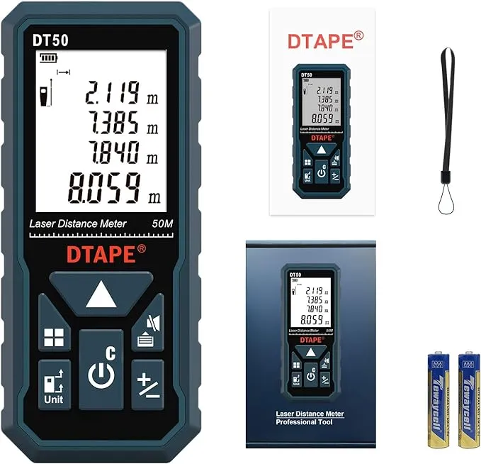 Laser Measure 165ft 330ft DT50 DT100 Gen-2 Laser Distance Meter 50M Portable Handle Digital Measure Tool Range Finder Larger Backlit LCD 4 Line Display IP54 Shockproof