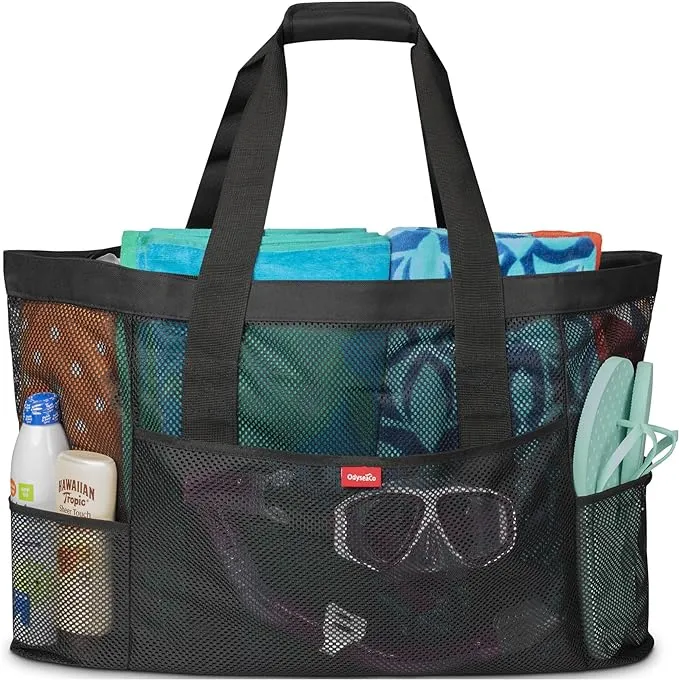 Extra Large Mesh Beach Bag - Tote, Waterproof - Black 