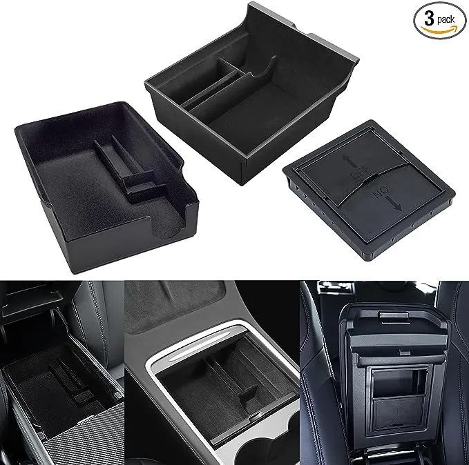 3PCS Center Console Organizer Tray Flocked Designed For Tesla Model Y Accessories 2024 2021-2023,Tesla Model 3 2021-2023 Accessories Armrest Hidden Drawer Storage Box[Not Compatible with Model 3 2024]