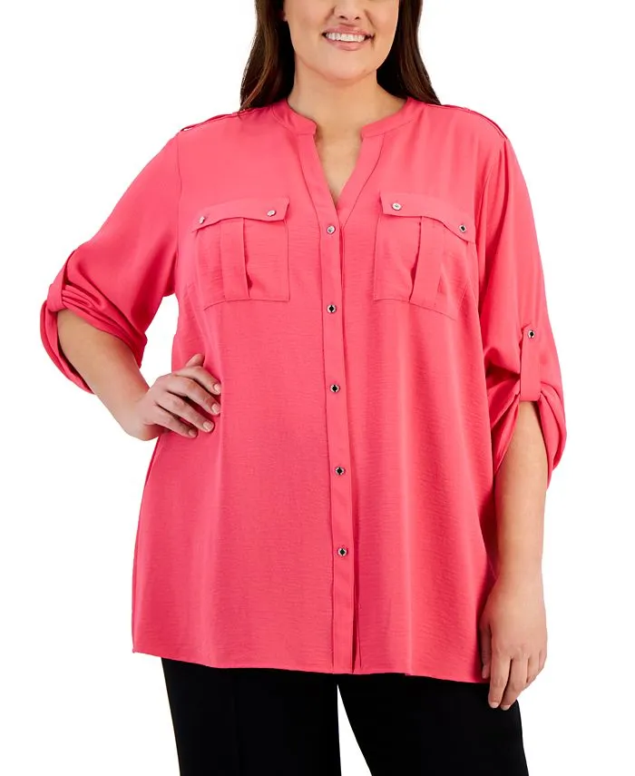 Calvin Klein Women's Non-Iron Tunic Roll Sleeve Shirt (Regular and Plus Sizes)