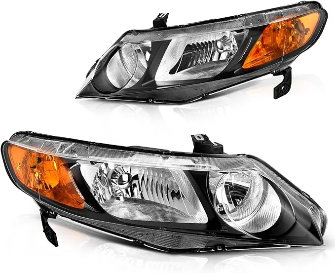 DWVO Compatible with 2006 2007 2008 2009 2010 2011 Civic 4-Door Sedan Headlight Assembly Headlamp Replacement Black Housing Amber Reflector (Only Compatible with 4-Door)