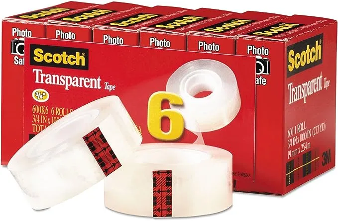 Scotch Transparent Tape, 3/4 in x 1000 in, 6 Boxes/Pack (600)Scotch Transparent Tape, 3/4 in x 1000 in, 6 Boxes/Pack (600)