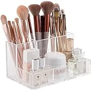 Yesesion Clear Makeup Organizer for Vanity, Cosmetics Storage Box with 6 Compartments for Beauty Products, Lipsticks, Eyeliners, Eyebrow Pencils in Vanity, Dresser, Bathroom Countertop, Brush Holder