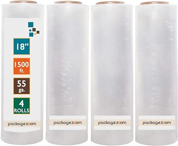 PackageZoom 4 Rolls 18" x 1500 Ft Stretch Wrap Heavy Duty, Industrial Strength Shrink Wrap, 55 Gauge High Performance Stretch Film Replaces 80 Gauge Low Films, Clear Hand Stretch WrapPackageZoom 4 Rolls 18" x 1500 Ft Stretch Wrap Heavy…