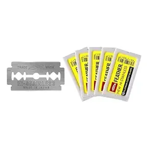 Feather Double Edge Safety Razor Blades - (50 Count) - Platinum Coated Hi-Stainless Steel Razor Blades - Fits Most Safety Razors - Super Sharp for Close Shaves - Japanese QualityFeather Double Edge Safety Razor Blades - (50 Count) - P…